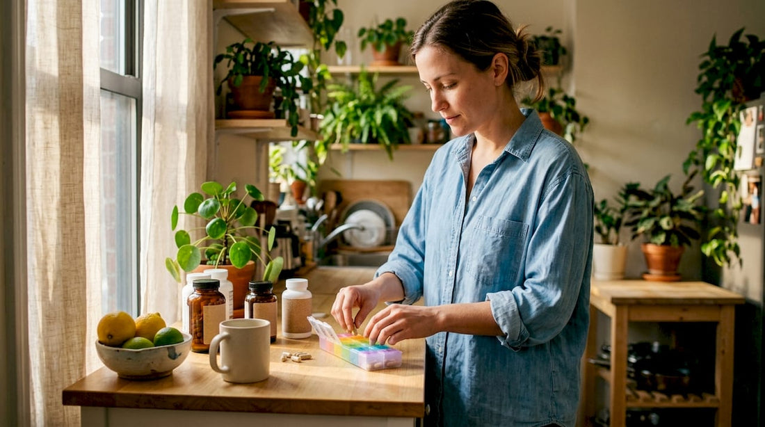 Woman organizing vegan supplements at table