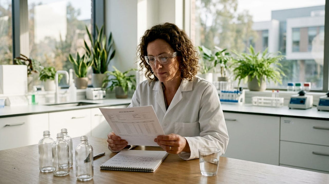 Quality inspector reviewing supplement batch report in manufacturing plant