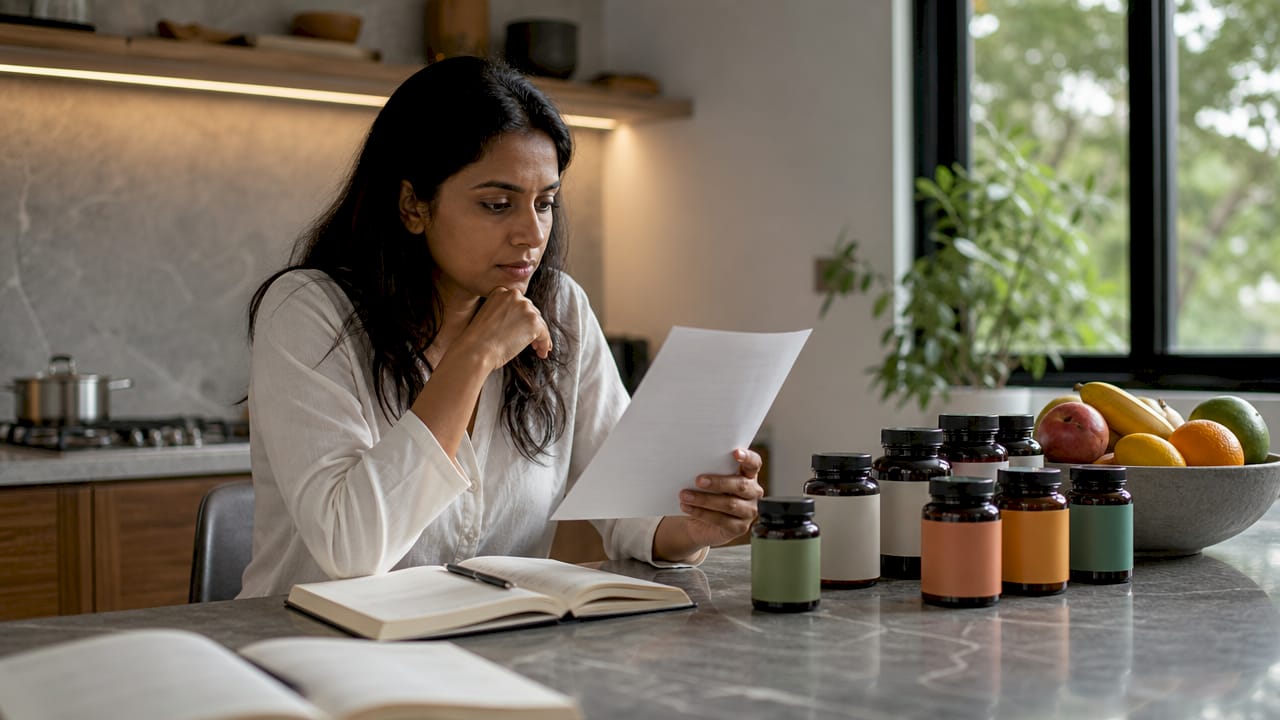 Nutritionist reviewing vegan supplements at kitchen counter