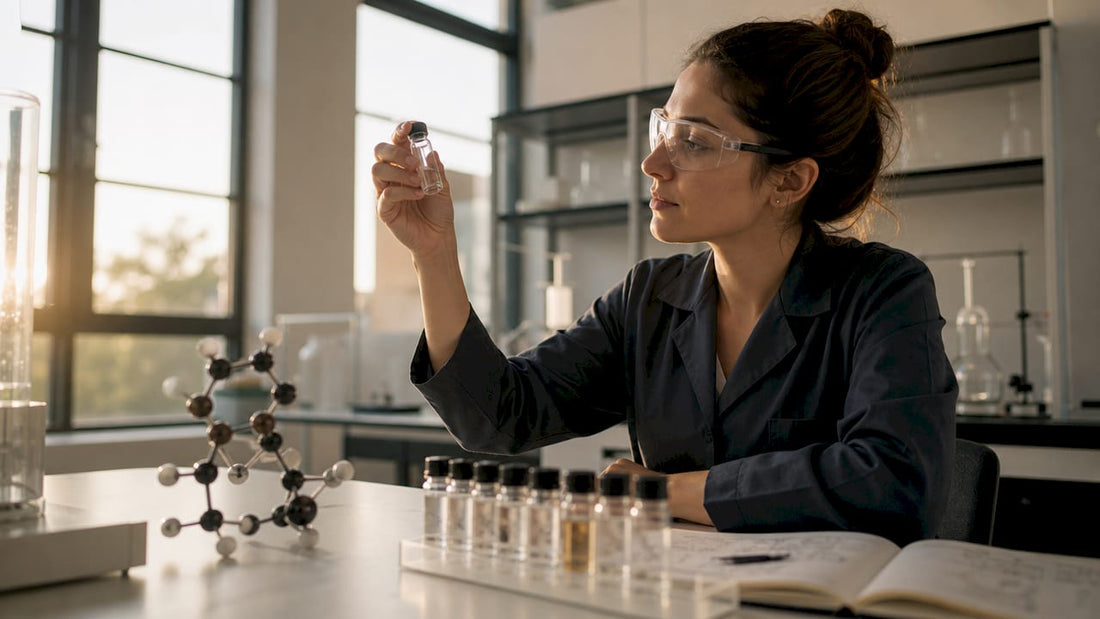 Scientist examining vitamin samples in laboratory
