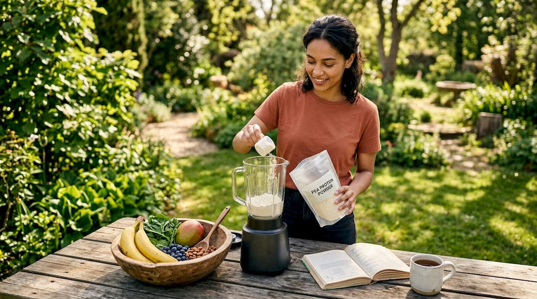 Woman making vegan protein smoothie in kitchen