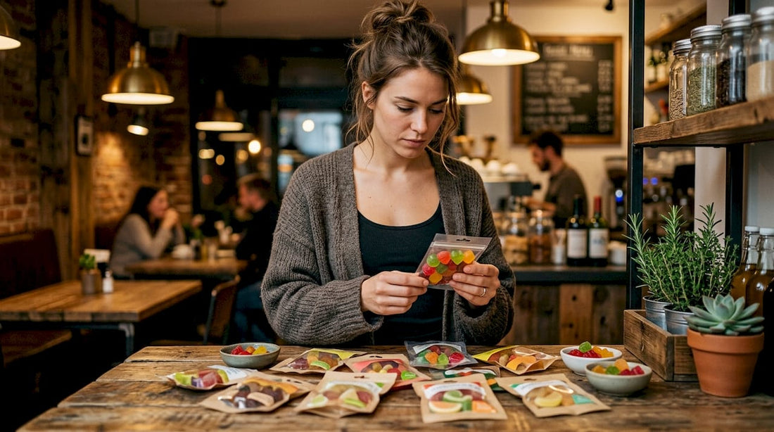 Woman examining vegan gummy ingredients in kitchen