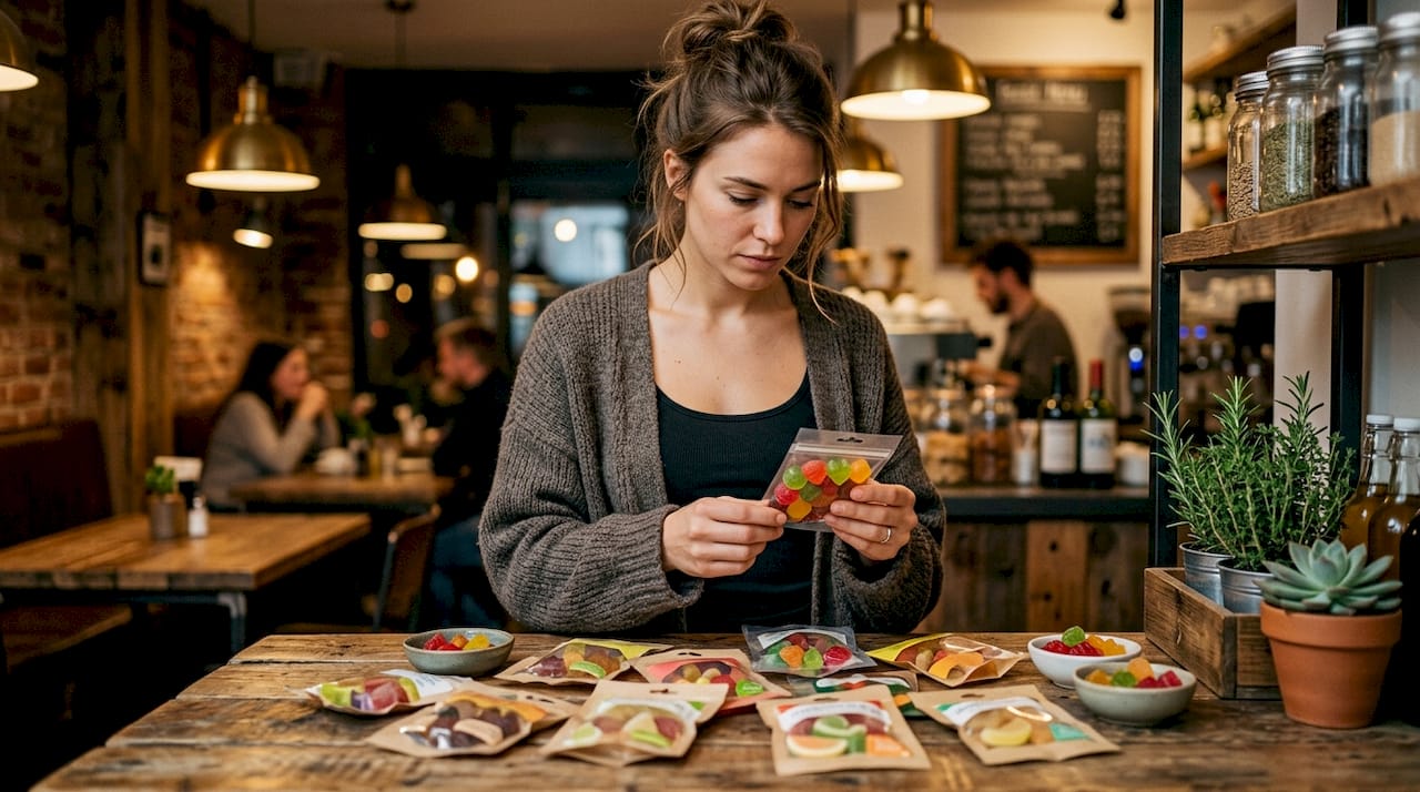 Woman examining vegan gummy ingredients in kitchen