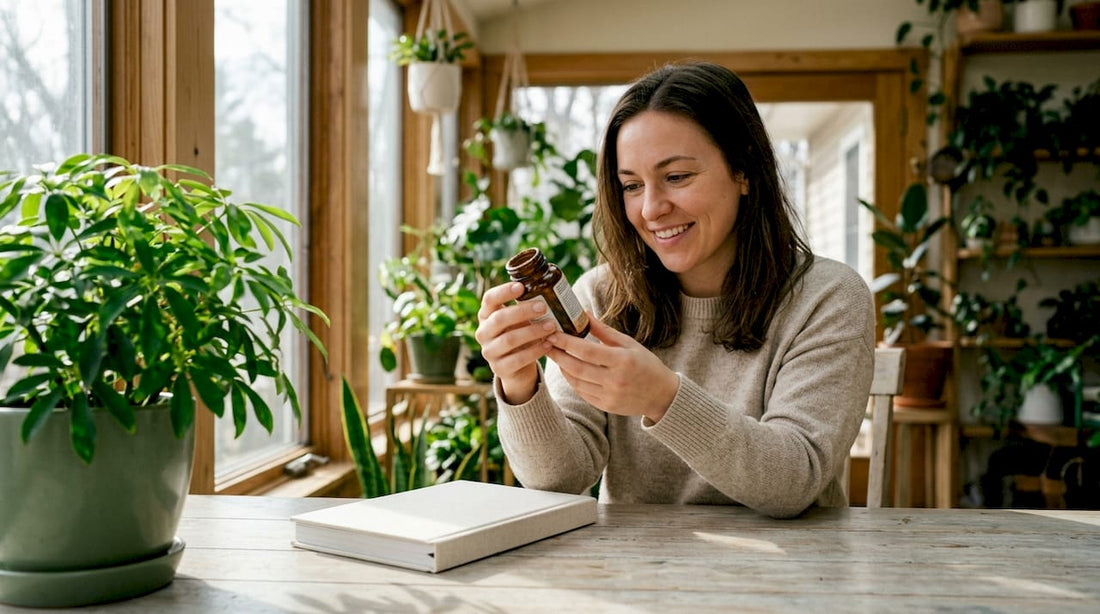 Vegan woman checking vitamin B12 supplement bottle
