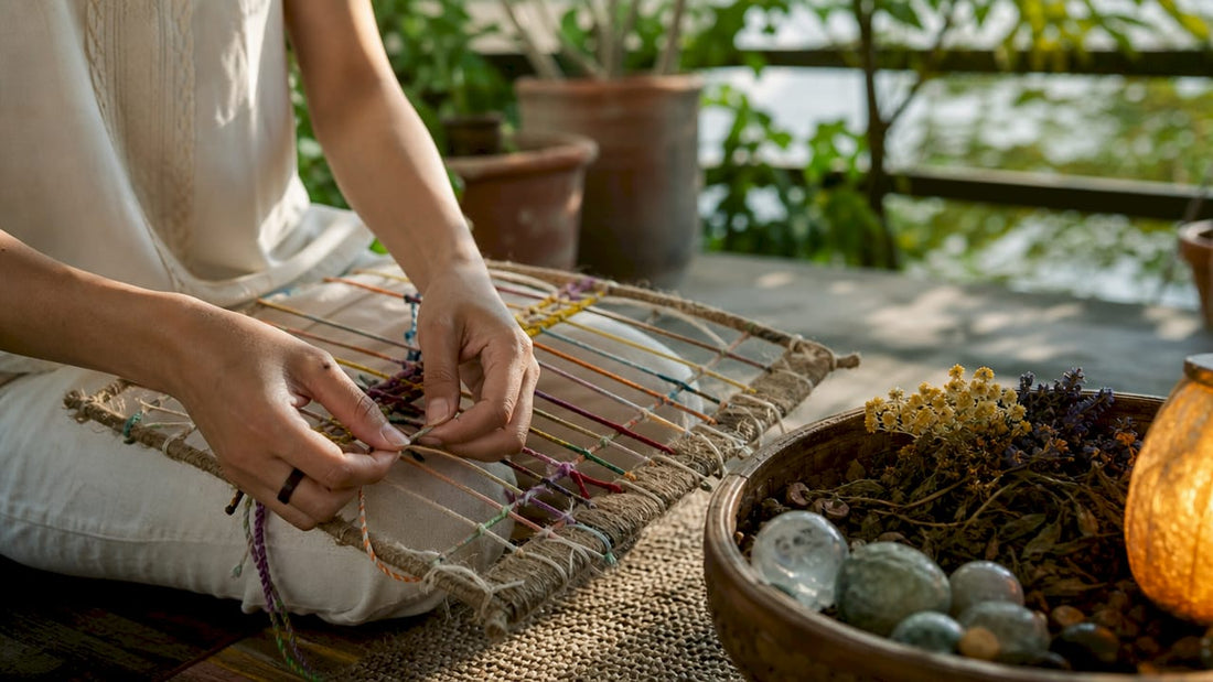 Hands tying knots in ritual ladder rope