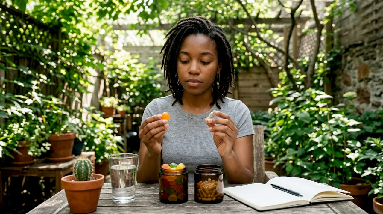 Woman compares vegan gummies and capsules at home
