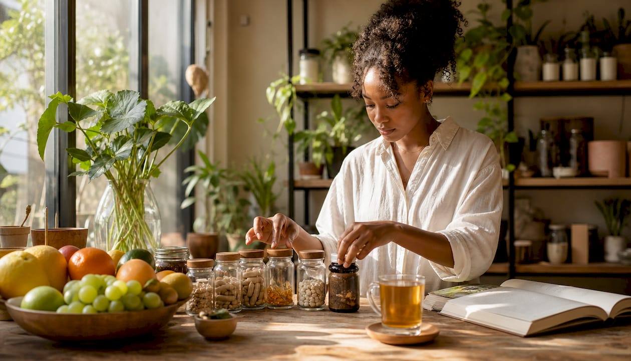 Woman organizing vegan supplements on kitchen counter
