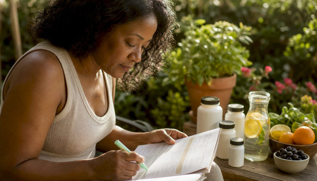 Woman researching plant-based supplements at home kitchen table