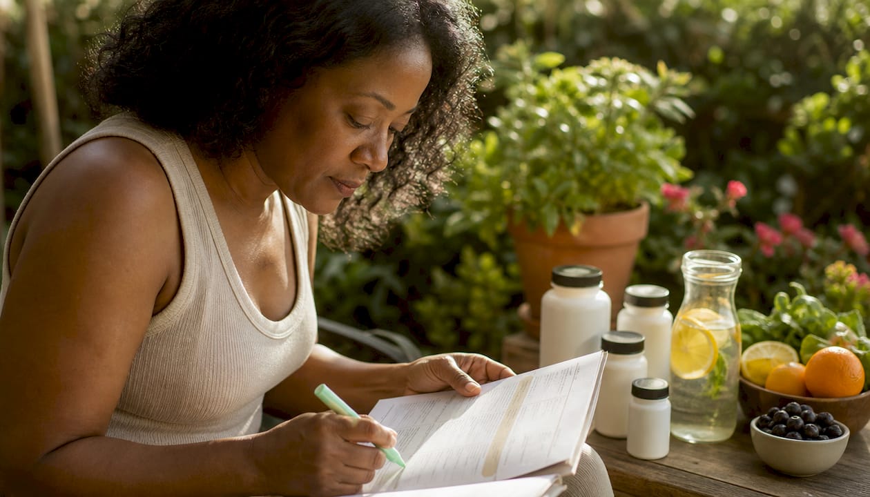 Woman researching plant-based supplements at home kitchen table