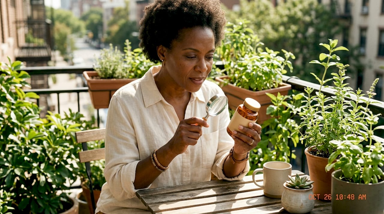 Woman inspecting supplement label with magnifier