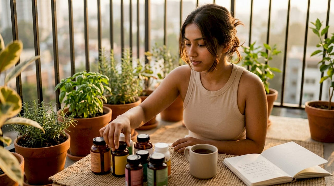 Woman organizing vegan supplements at kitchen table