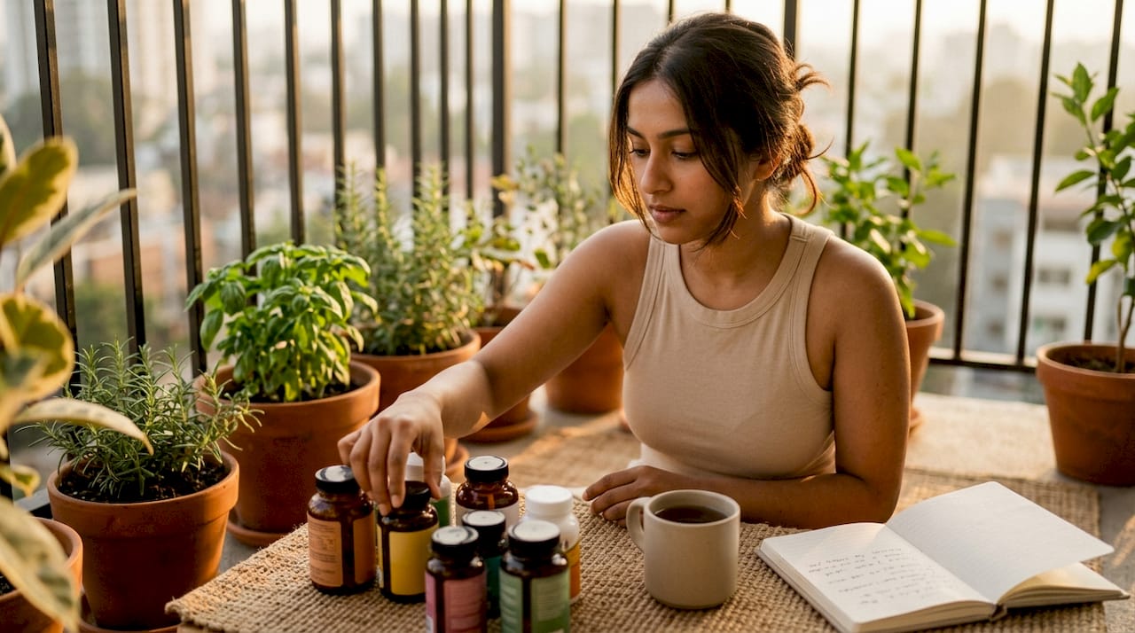 Woman organizing vegan supplements at kitchen table