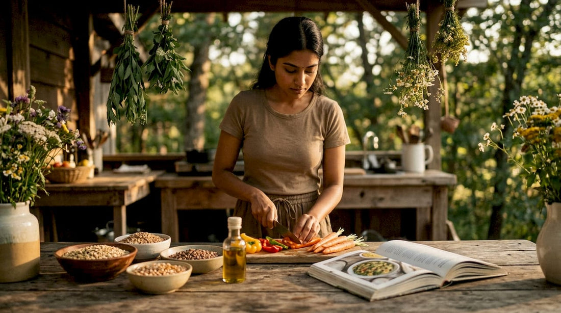 Woman preparing vegan meal in sunny kitchen