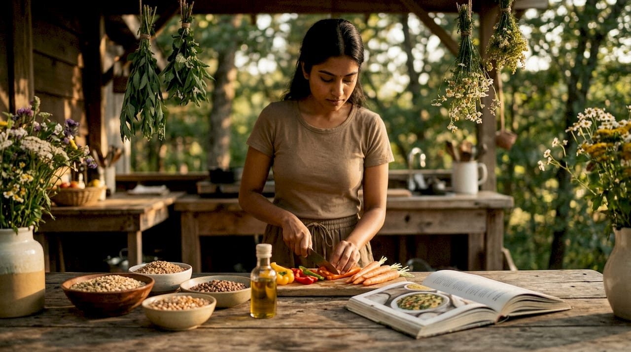 Woman preparing vegan meal in sunny kitchen