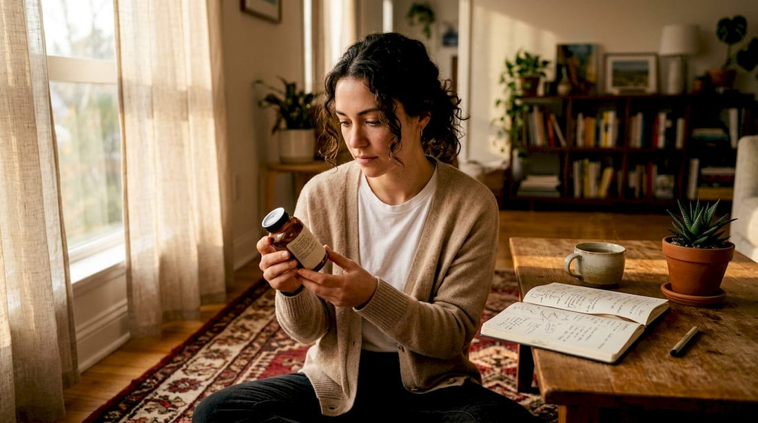 Woman reading vegan supplement label at table