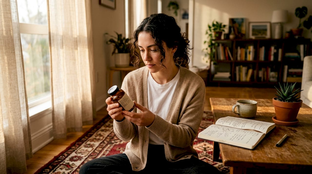 Woman reading vegan supplement label at table