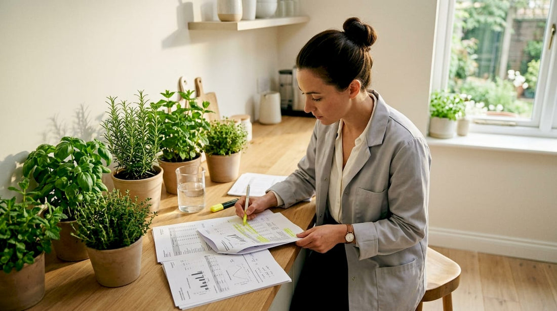 Specialist reviewing supplement test reports at desk