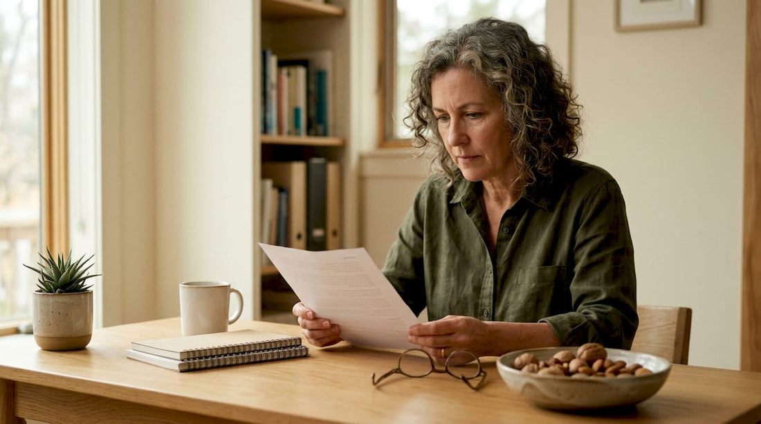 Woman examining mushroom supplement lab report