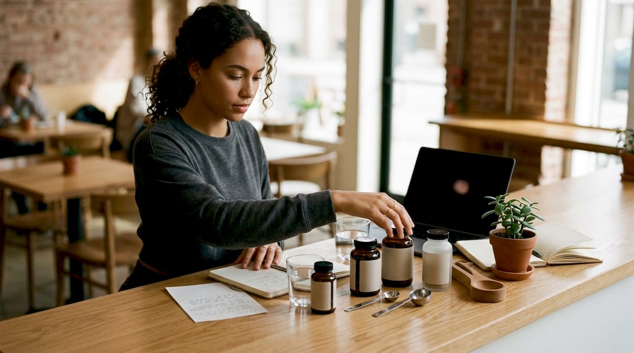 Woman preparing supplement stack at kitchen table
