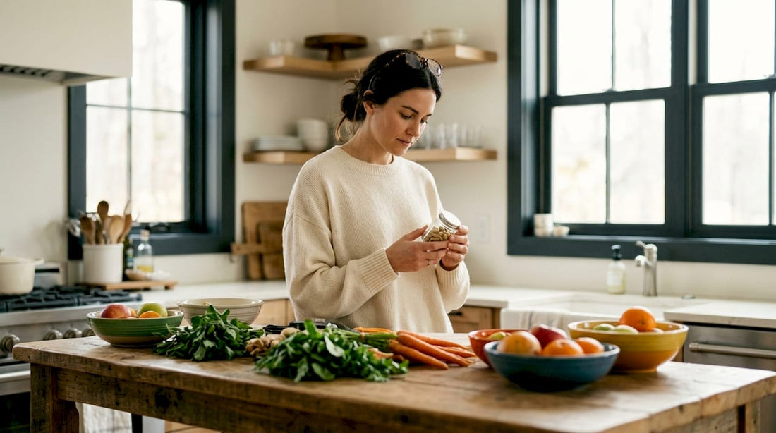 Woman examining whole food vitamin supplement jar