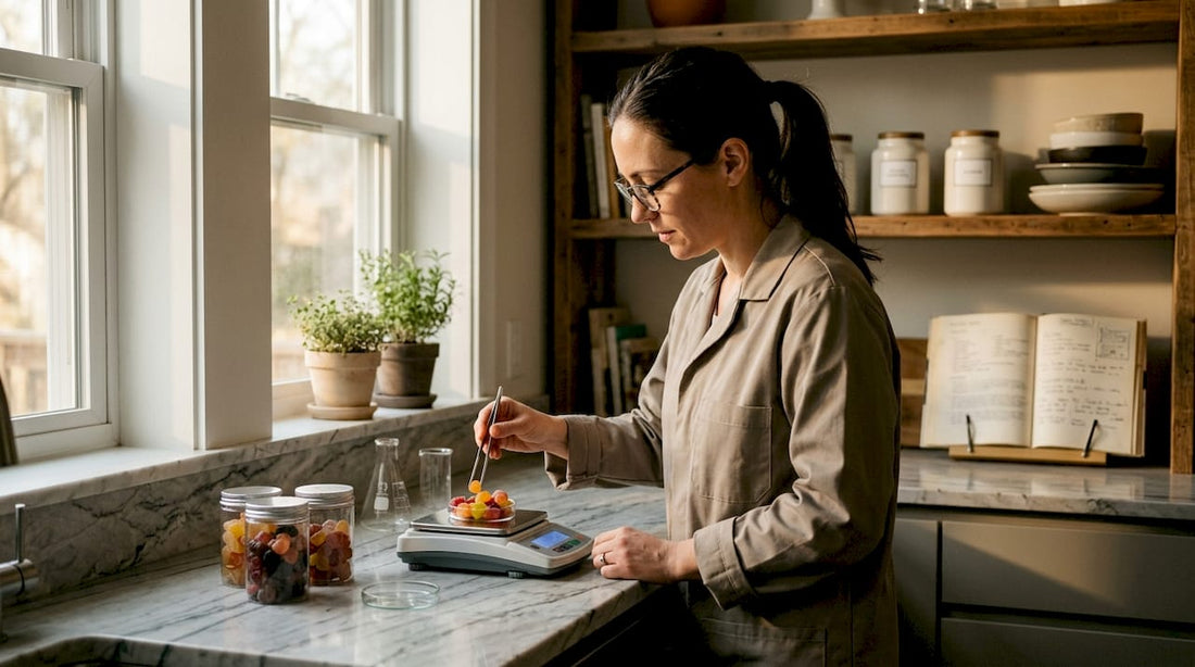 Lab technician testing gummy supplements in clean lab