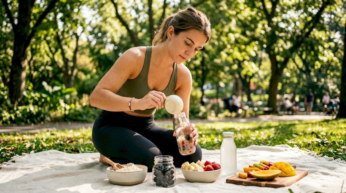 Woman preparing vegan protein smoothie in kitchen