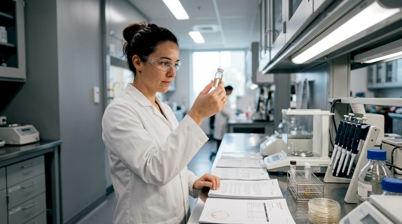 Lab technician inspecting supplement vial