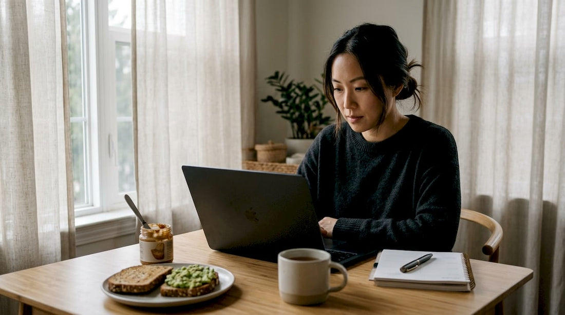 Woman researching health supplement websites at home