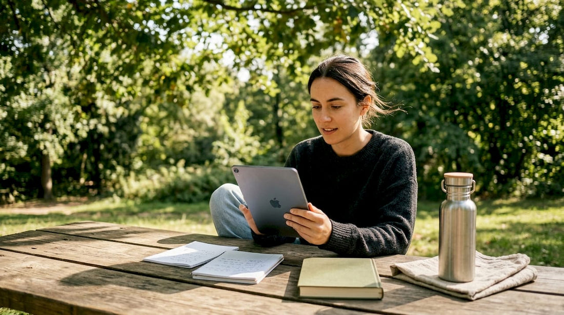 Woman exploring social media alternatives on tablet