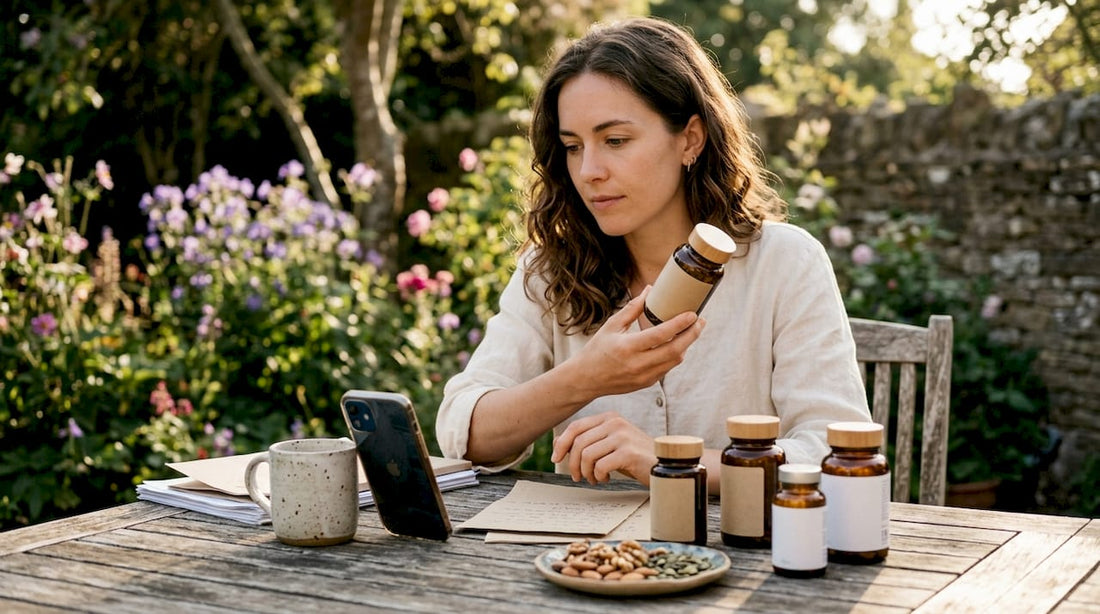 Woman comparing vegan supplements at kitchen table