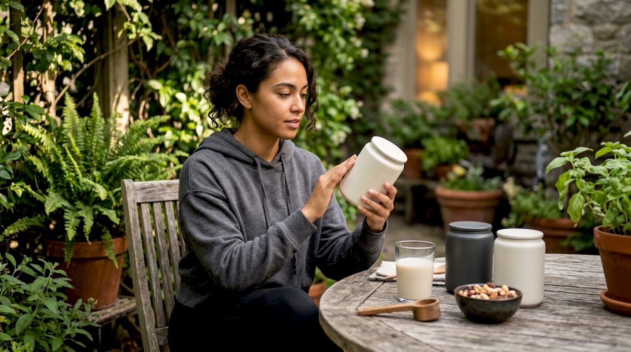 Woman choosing vegan protein powders at kitchen table
