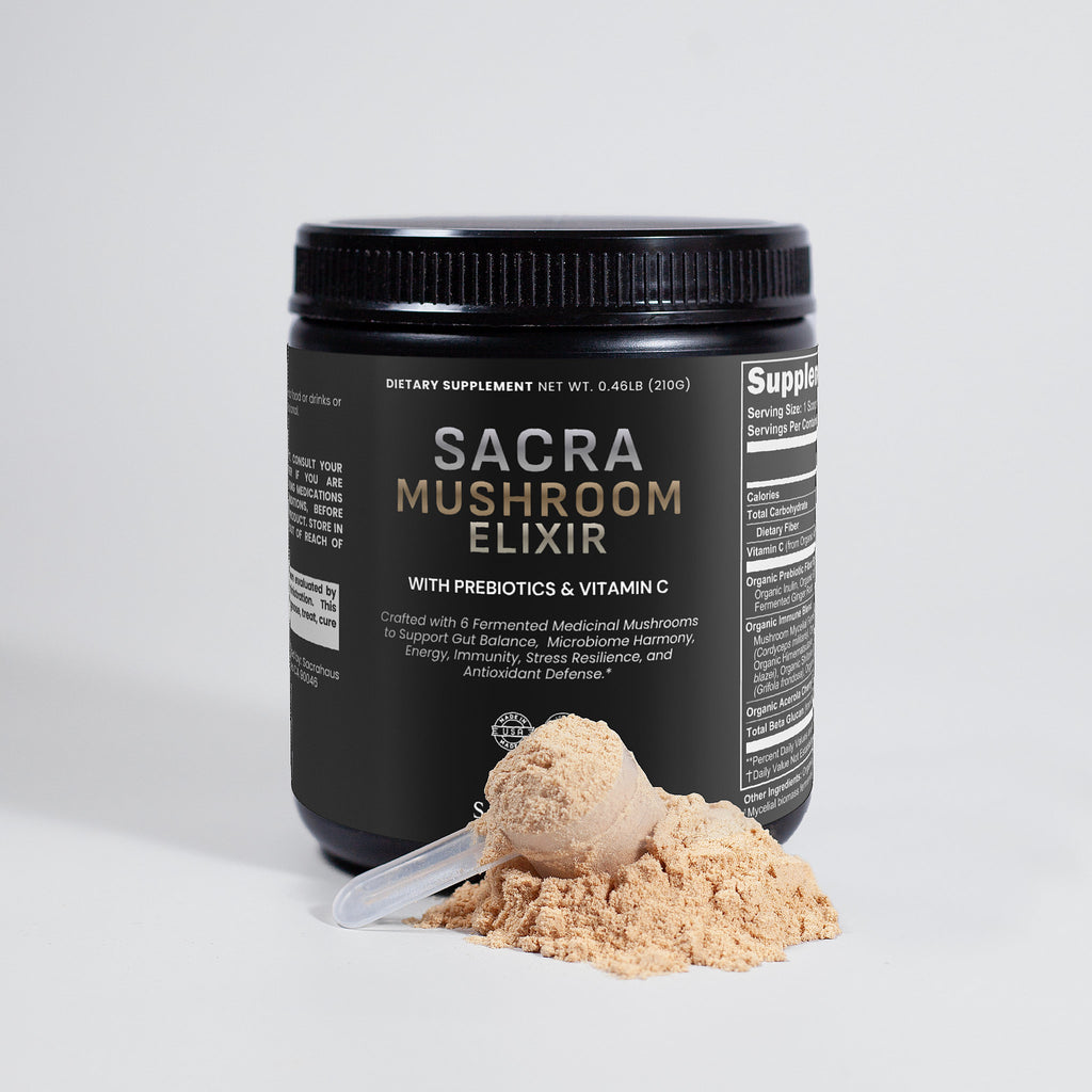 SACRAHAUS Mushroom Blend Elixir jar with prebiotics and vitamin C for immune support