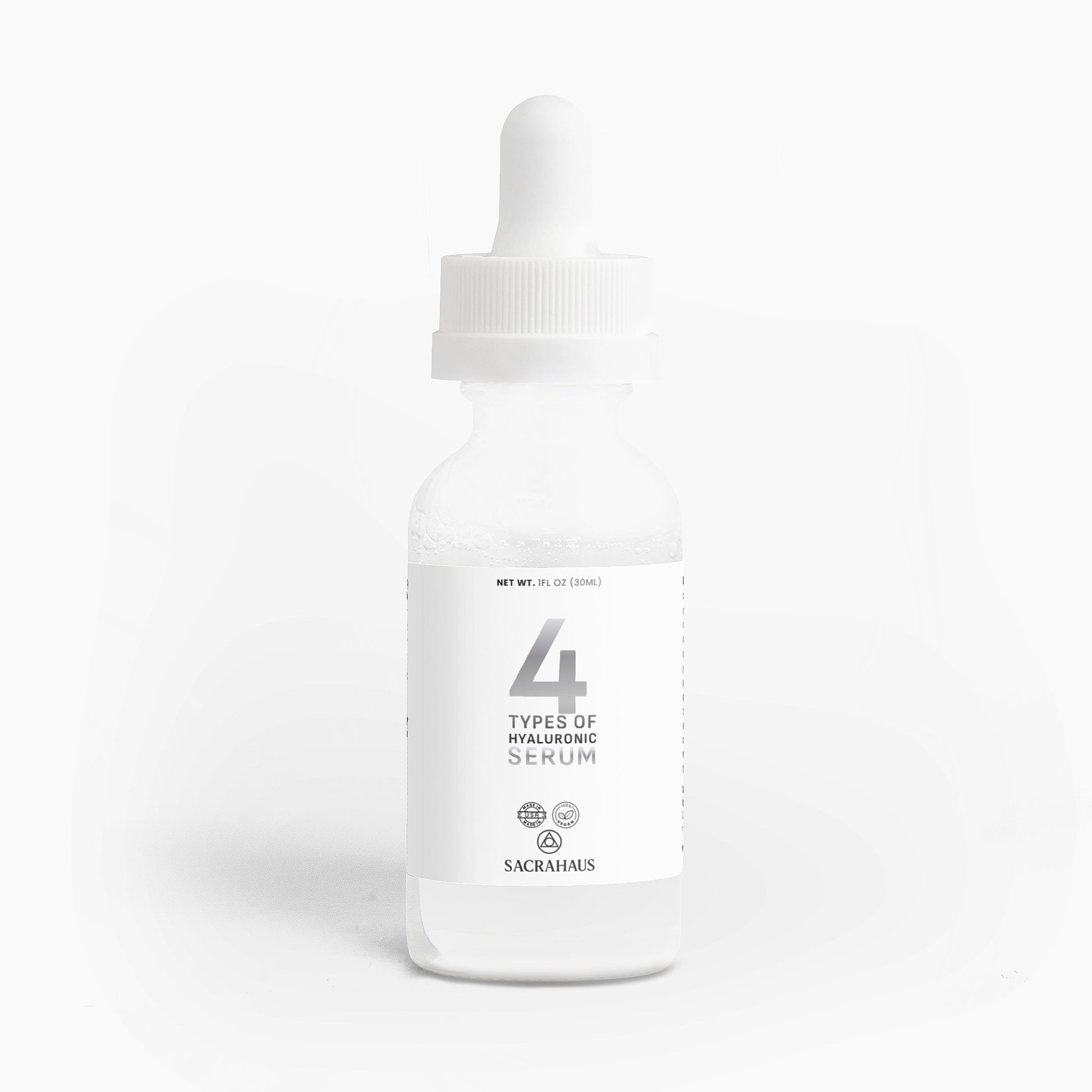 SACRAHAUS vegan hyaluronic acid serum in a glass dropper bottle for hydrated and radiant skin