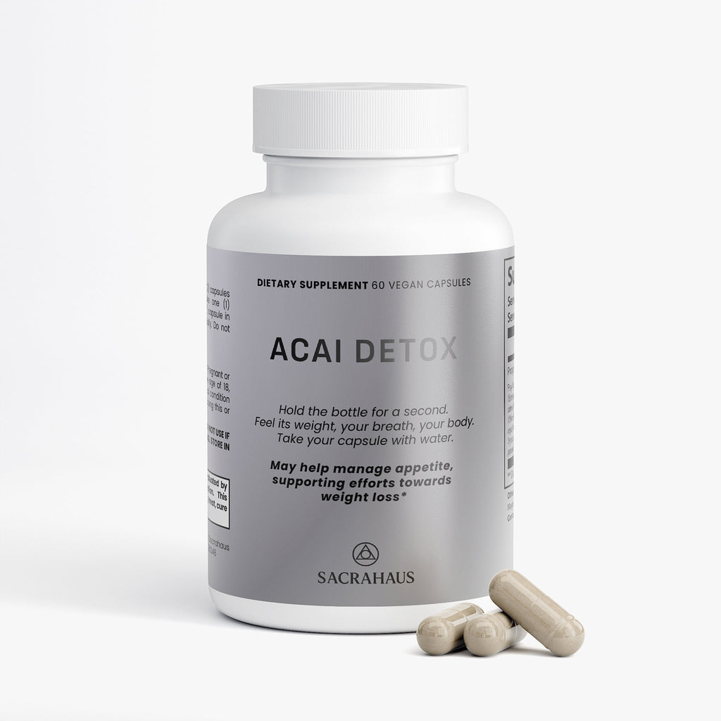 SACRAHAUS Acai Detox supplement in a white bottle with 60 vegan capsules for digestive support