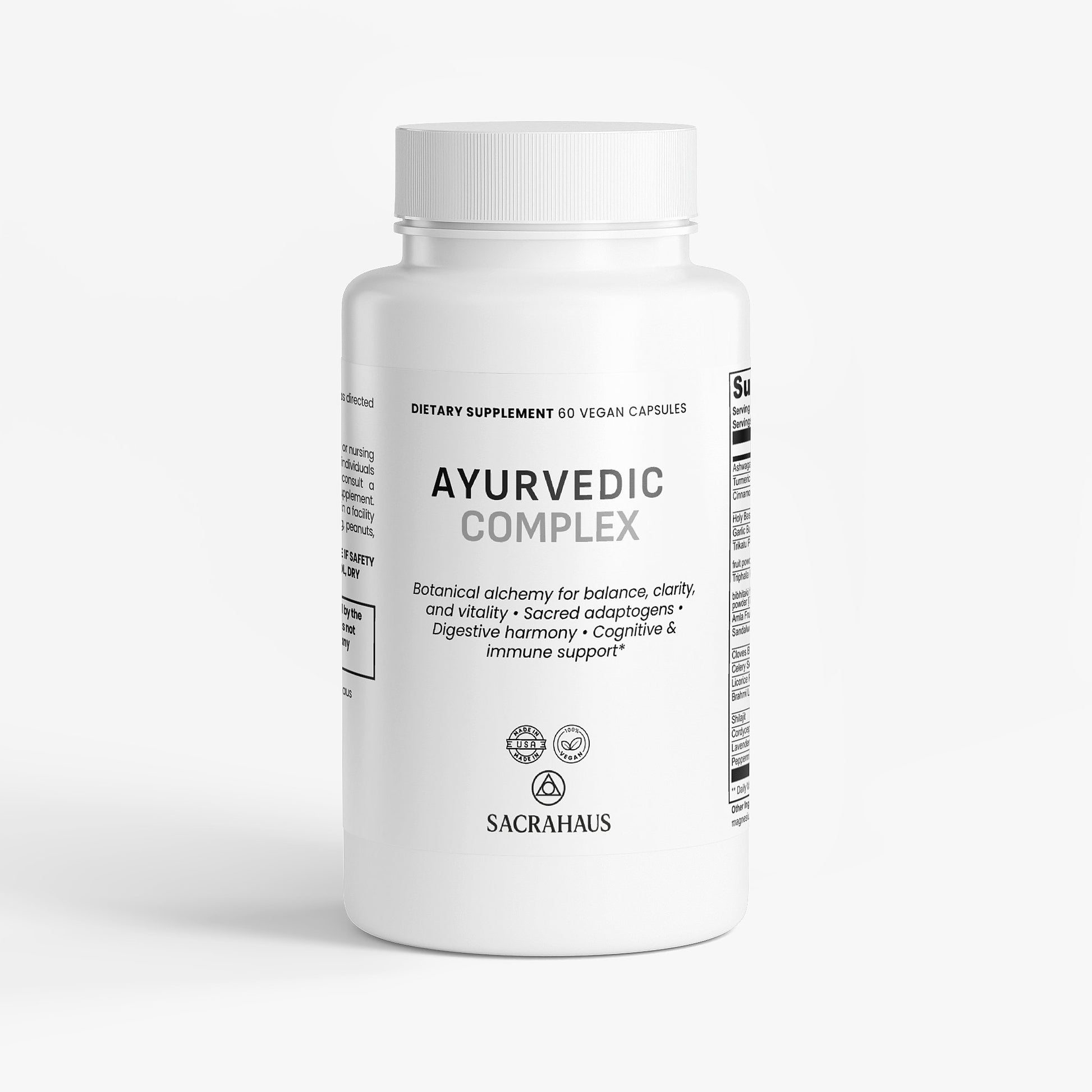SACRAHAUS Ayurvedic Complex Supplement bottle with 60 vegan capsules for cognitive and immune support