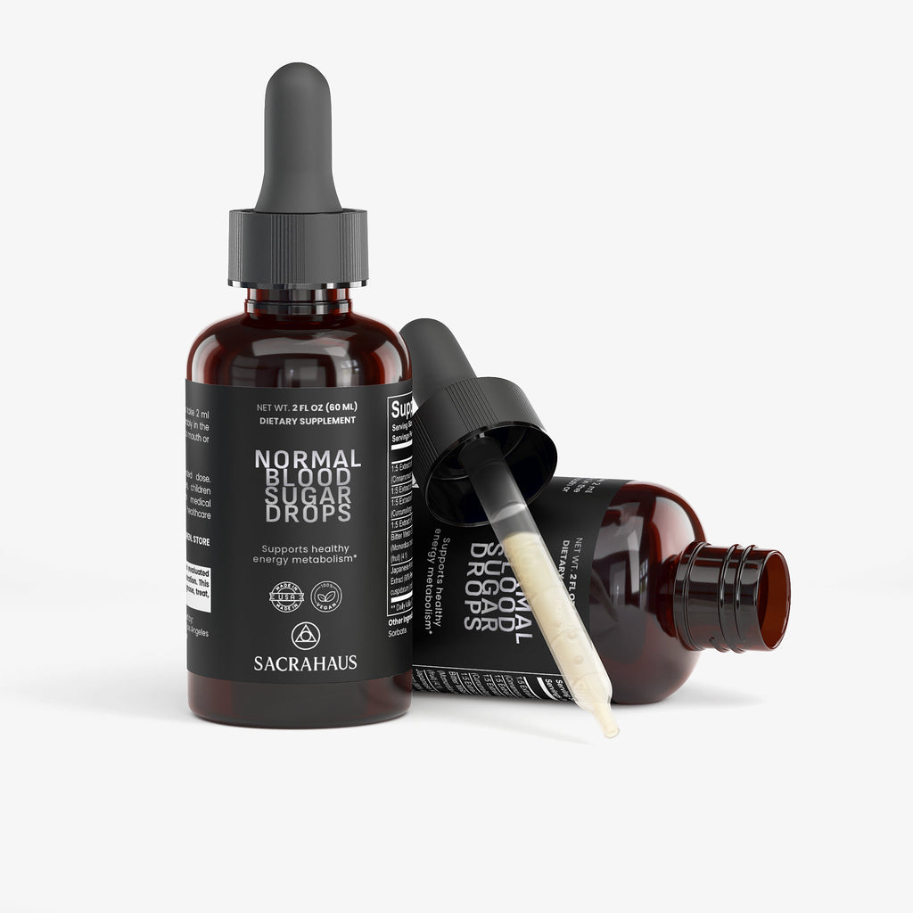 SACRAHAUS Blood Sugar Support Drops in a dark glass bottle for weight management and healthy blood sugar levels