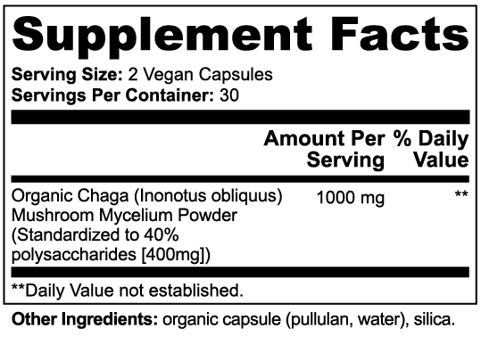 SACRAHAUS chaga mushroom supplement facts label detailing ingredients and serving size for vegan capsules