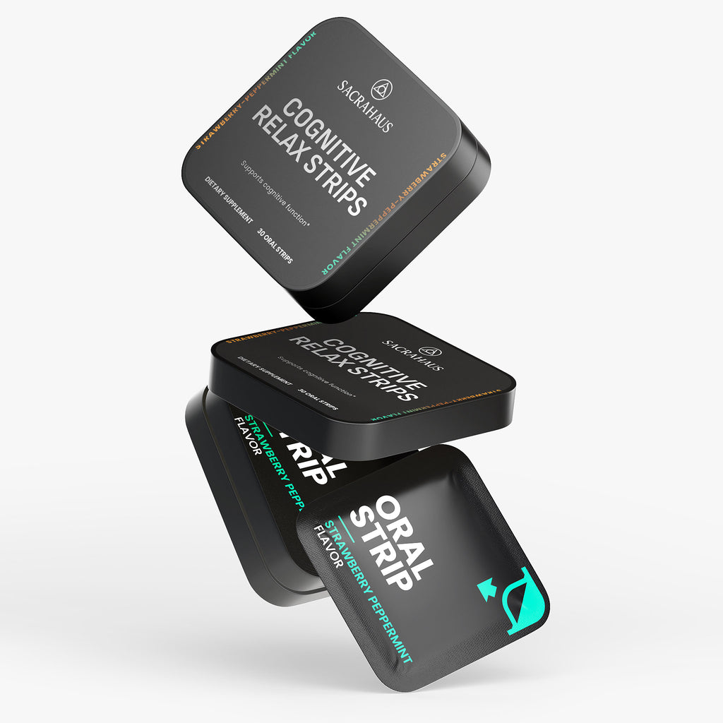 SACRAHAUS Cognitive Relaxation Strips for enhancing mental clarity and relaxation in a sleek packaging