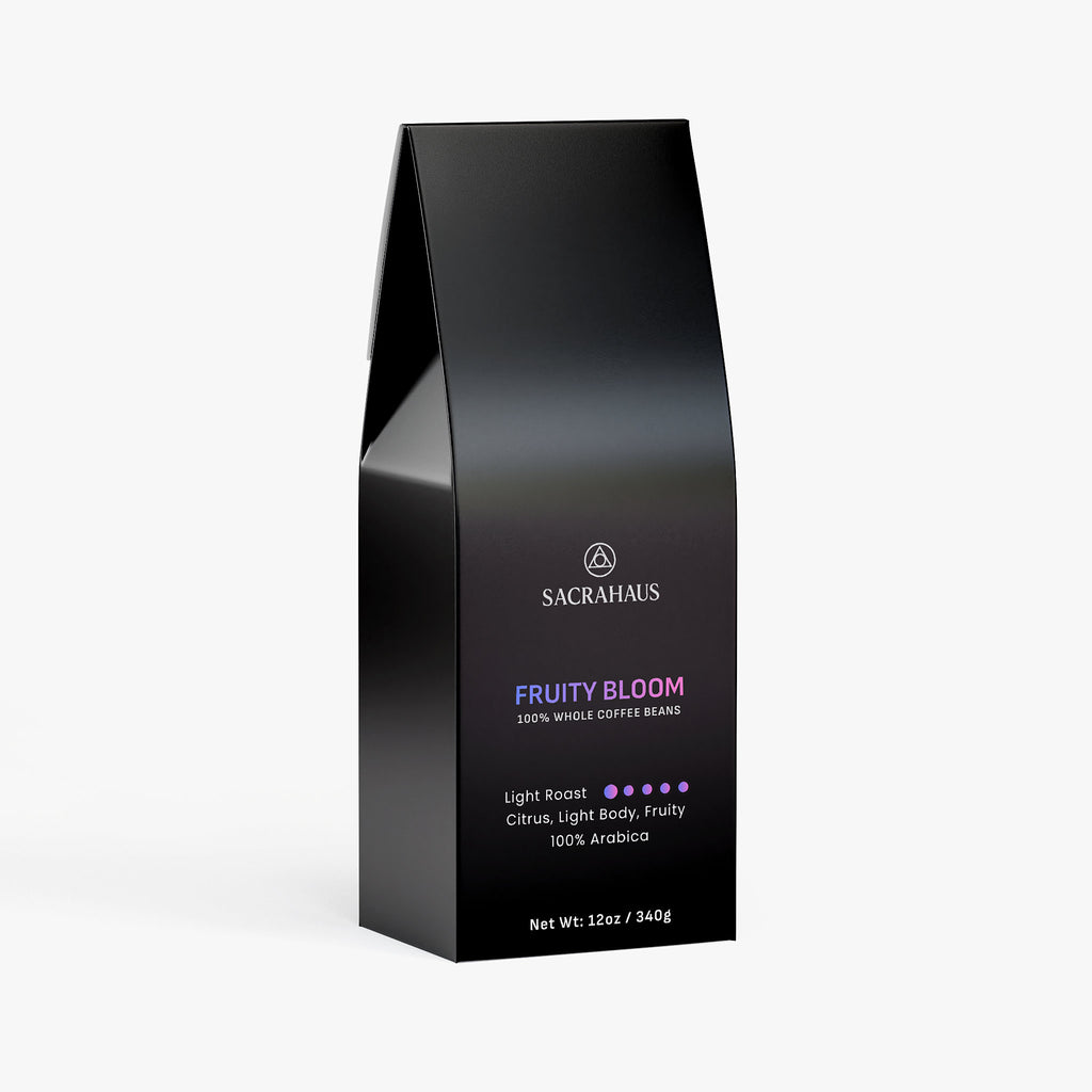 SACRAHAUS Fruity Bloom 100% Whole Coffee Beans in a 12oz bag featuring a fruity light roast coffee beans profile