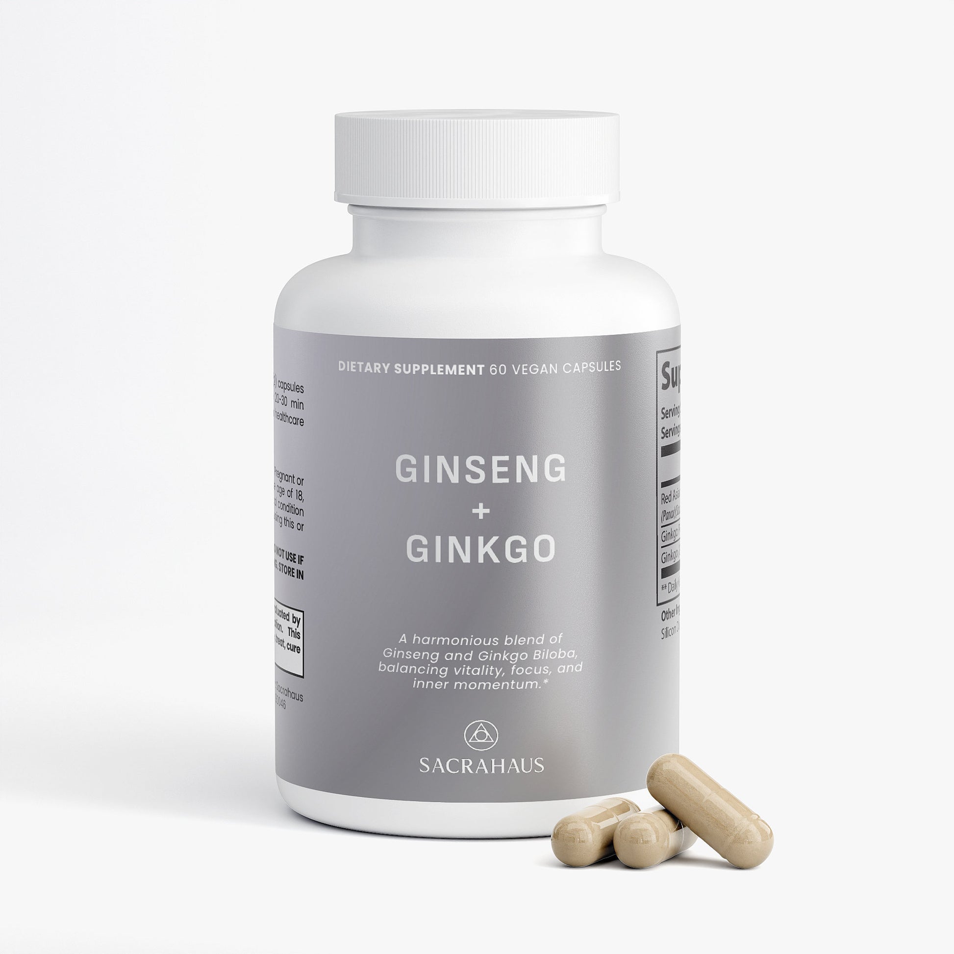 SACRAHAUS ginkgo biloba and ginseng supplement bottle with 60 vegan capsules for vitality and focus