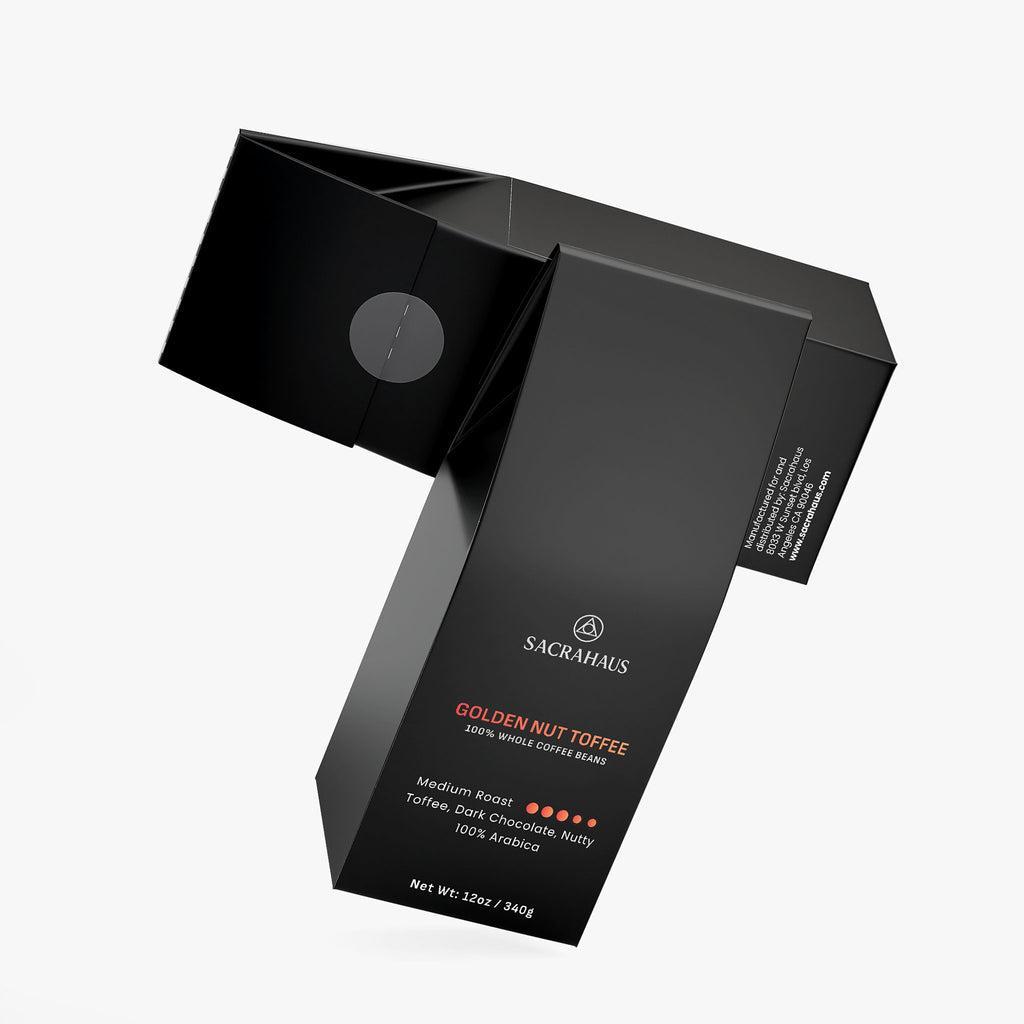 SACRAHAUS golden nut toffee coffee beans package design featuring medium roast with toffee and dark chocolate notes