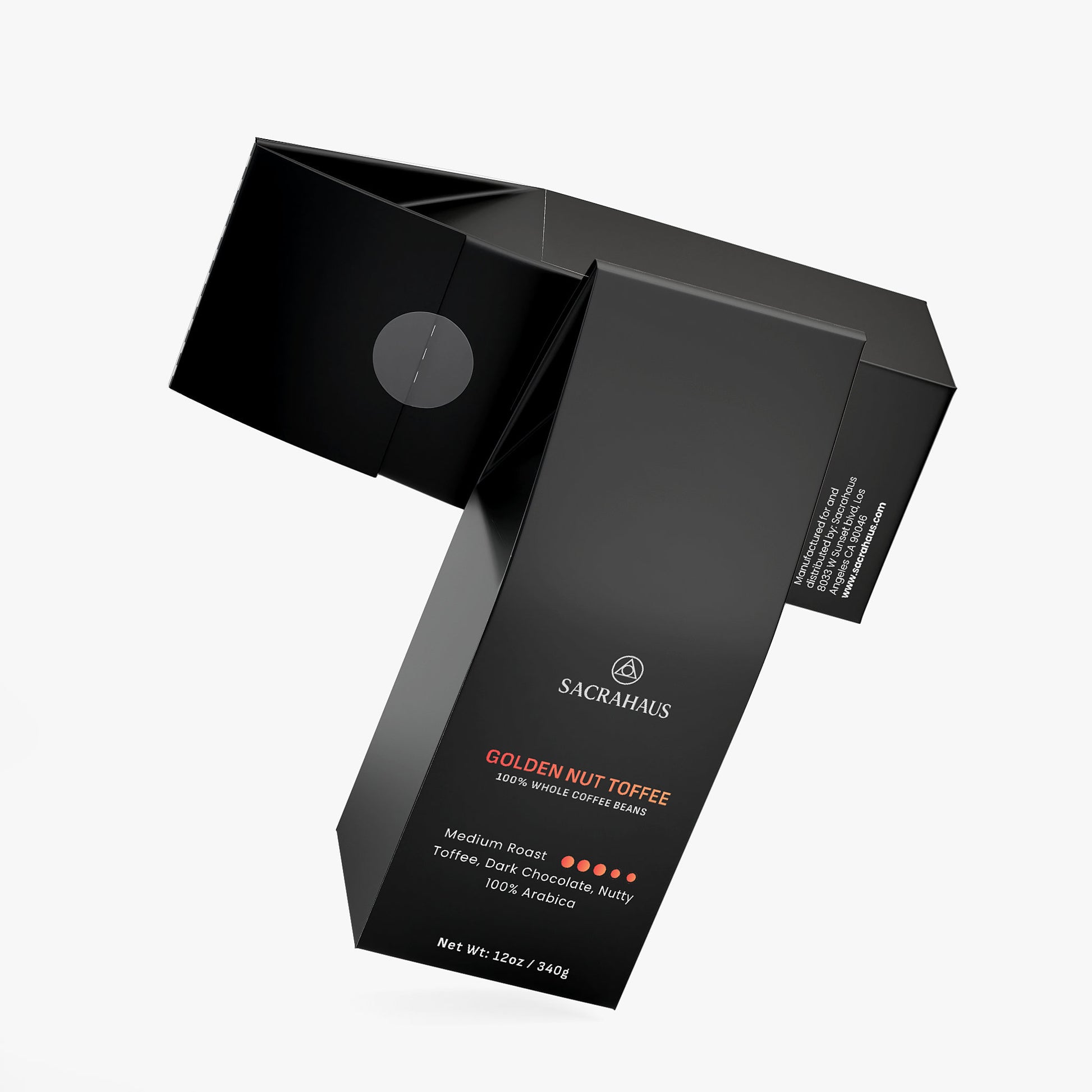 SACRAHAUS golden nut toffee coffee beans package design featuring medium roast with toffee and dark chocolate notes