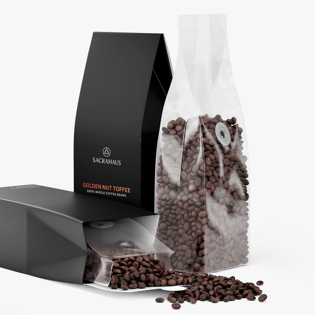 SACRAHAUS golden nut toffee coffee beans in a stylish black packaging showcasing whole coffee beans