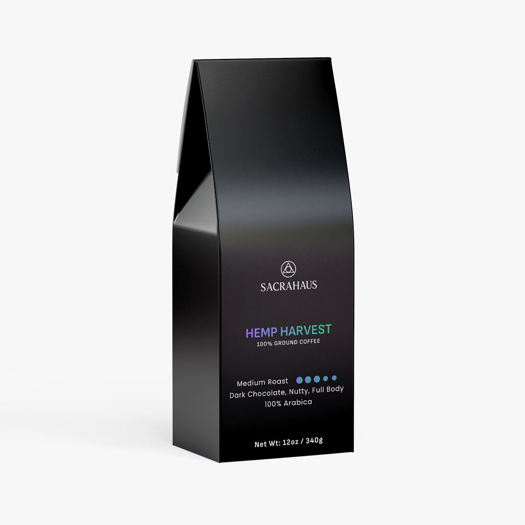 SACRAHAUS Hemp Harvest 12 oz package of hemp coffee medium roast with dark chocolate and nutty flavor