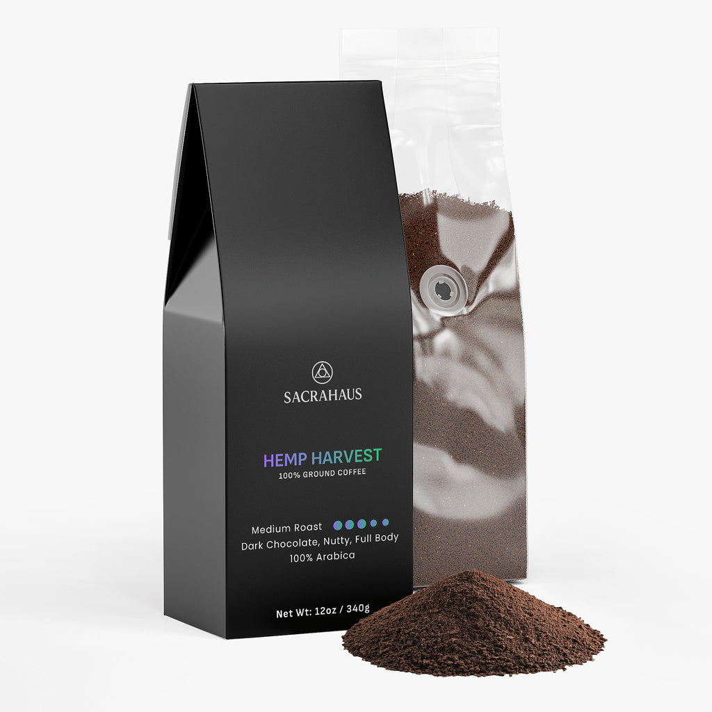SACRAHAUS hemp coffee medium roast in a sleek black bag with rich ground coffee and dark chocolate notes