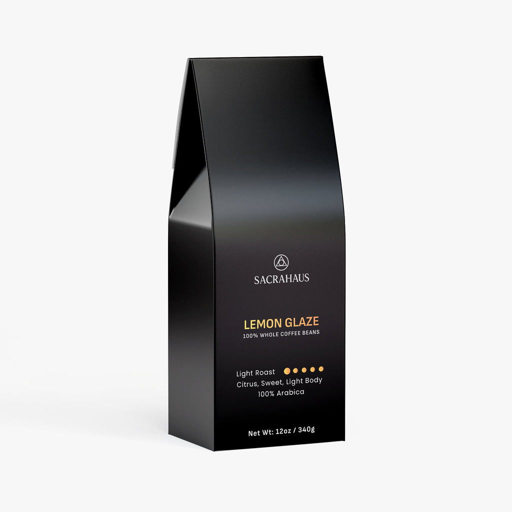 SACRAHAUS lemon glaze light roast coffee in 12oz black bag featuring citrus and sweet notes