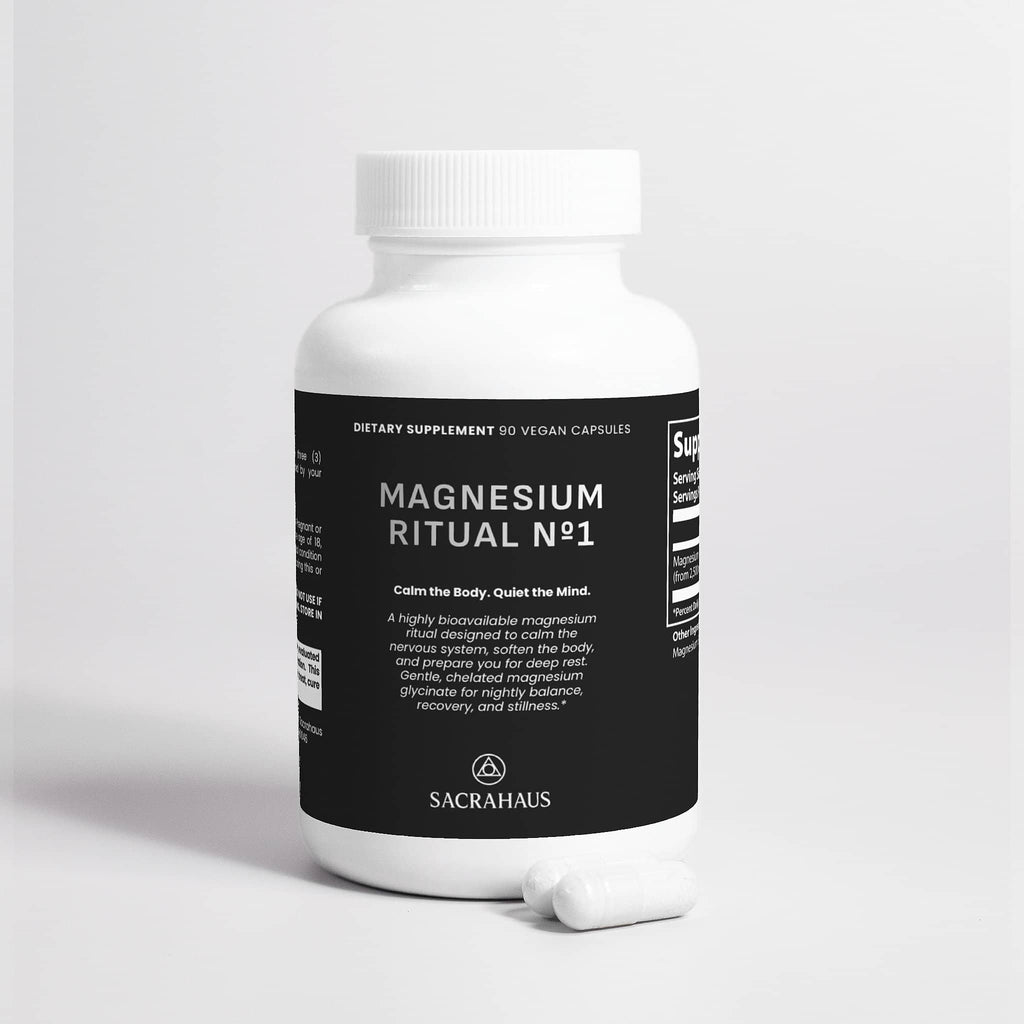 SACRAHAUS Magnesium Ritual No1 vegan supplement in a white bottle with capsules for relaxation and recovery