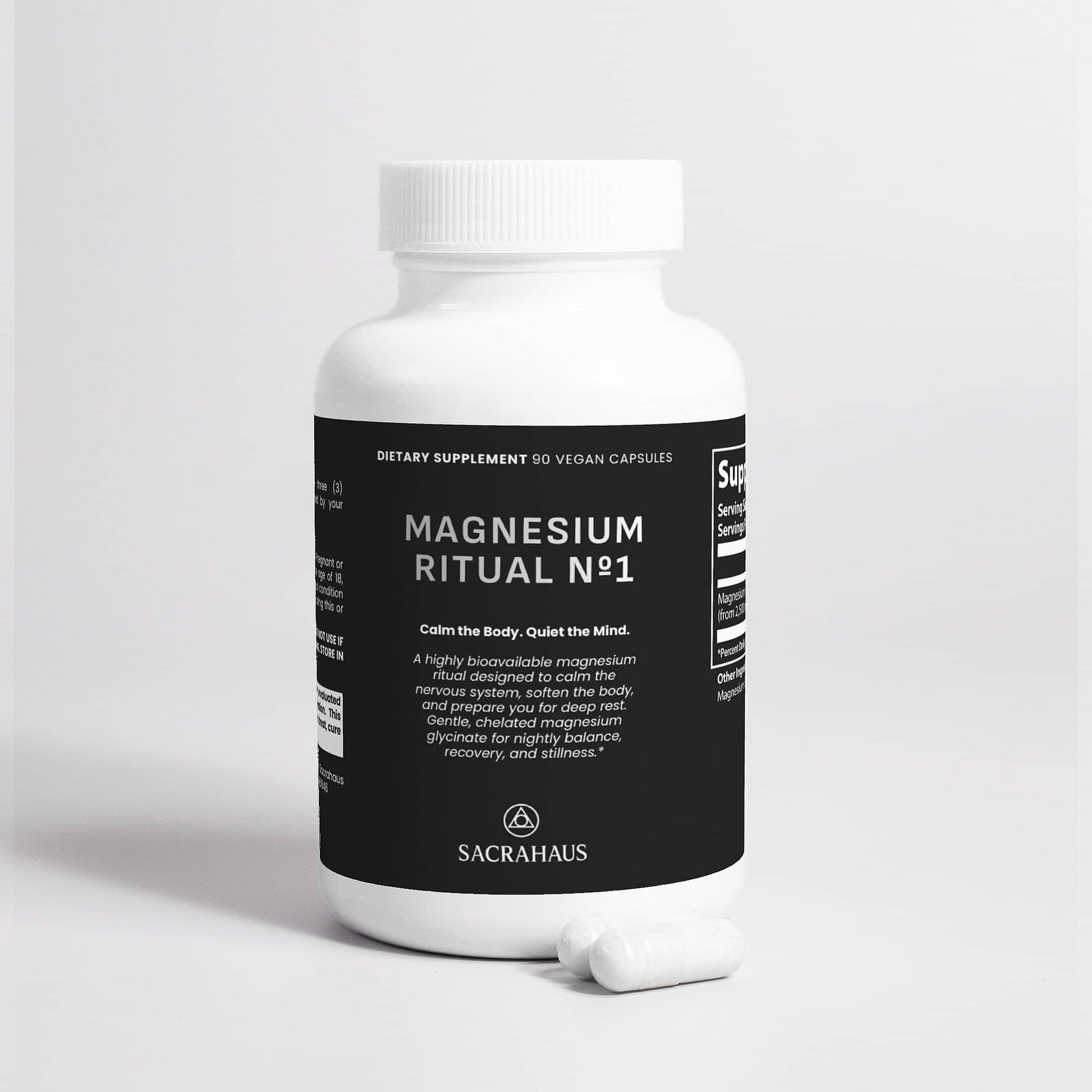 SACRAHAUS Magnesium Ritual No1 vegan supplement in a white bottle with capsules for relaxation and recovery