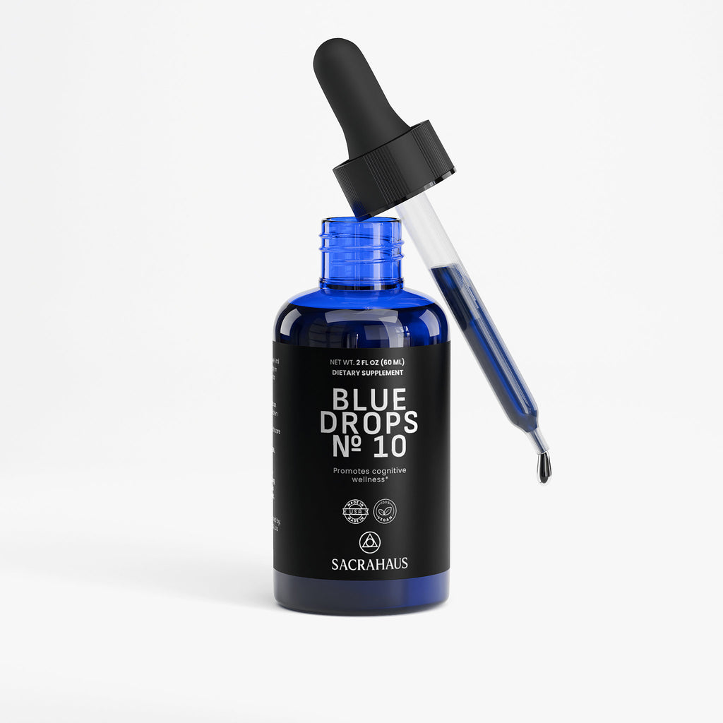 SACRAHAUS Methylene blue drops supplement in a dark blue bottle with a dropper for cognitive support