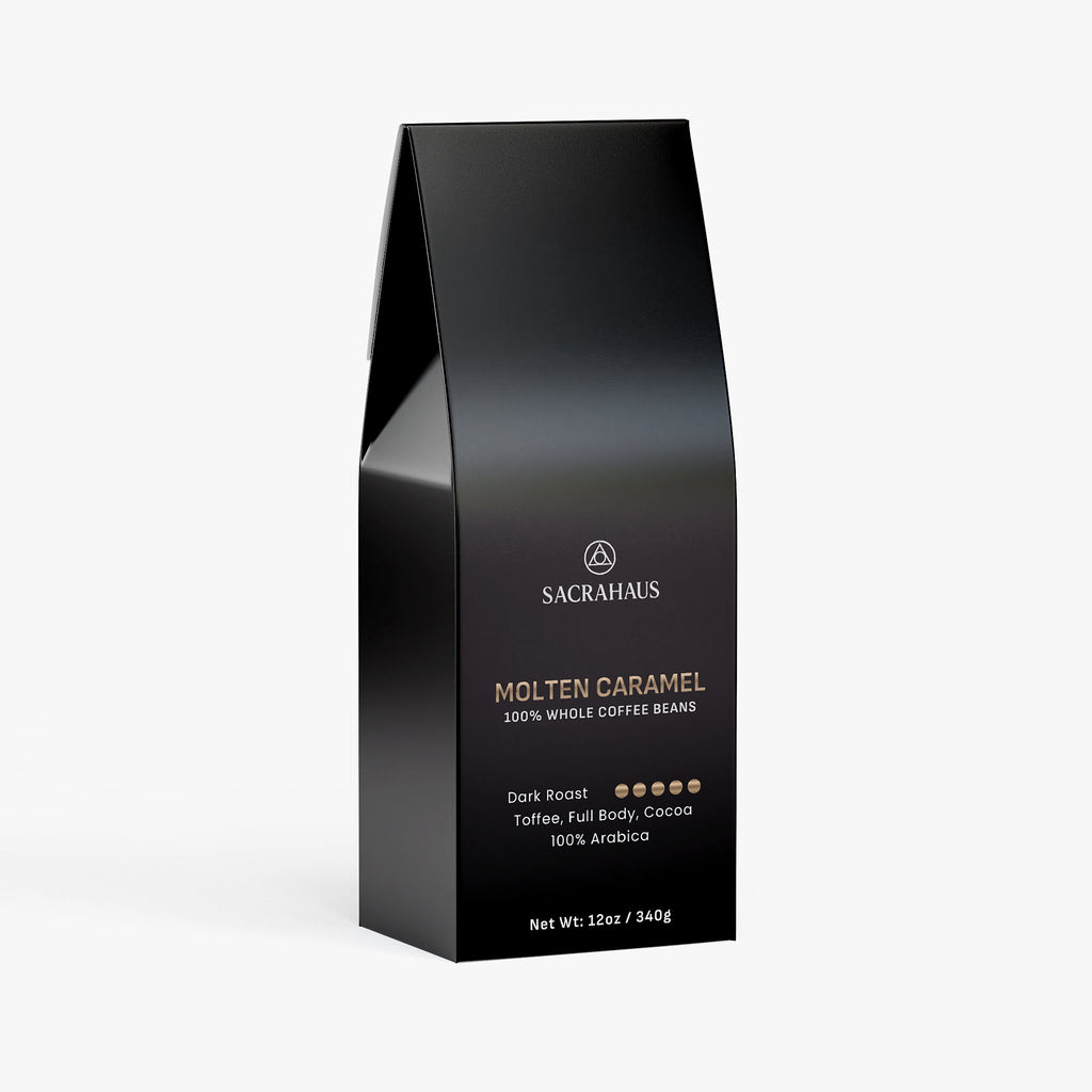SACRAHAUS Molten Caramel Dark Roast Coffee 12oz bag with toffee and cocoa flavors